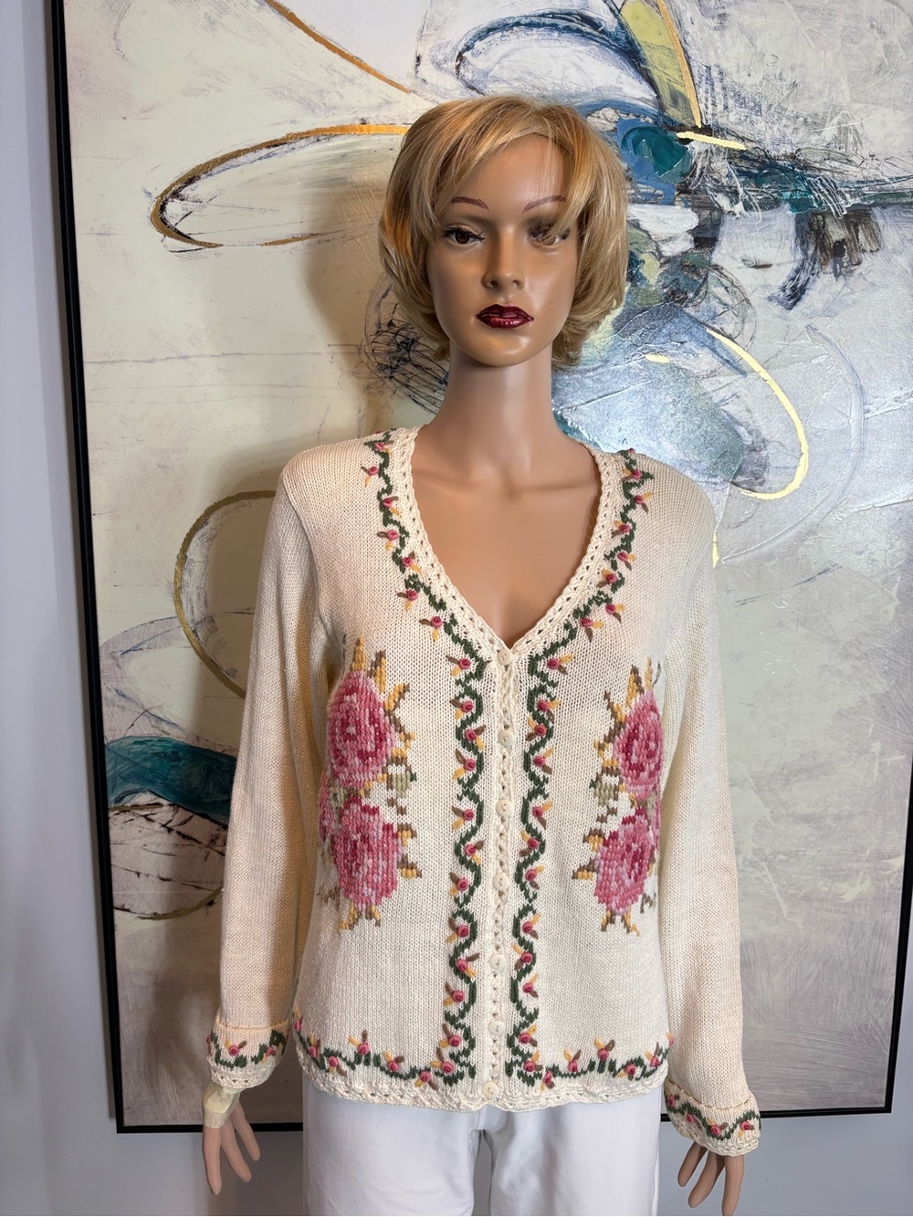 Cream Floral V-Neck Sweater with Pink Rose Embroidery - Picture 2 of 13